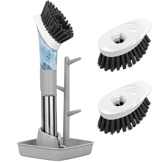 Soap Dispensing Dish Brush Set Kitchen Scrub Brush with Stand 3 Brush Replacement Heads